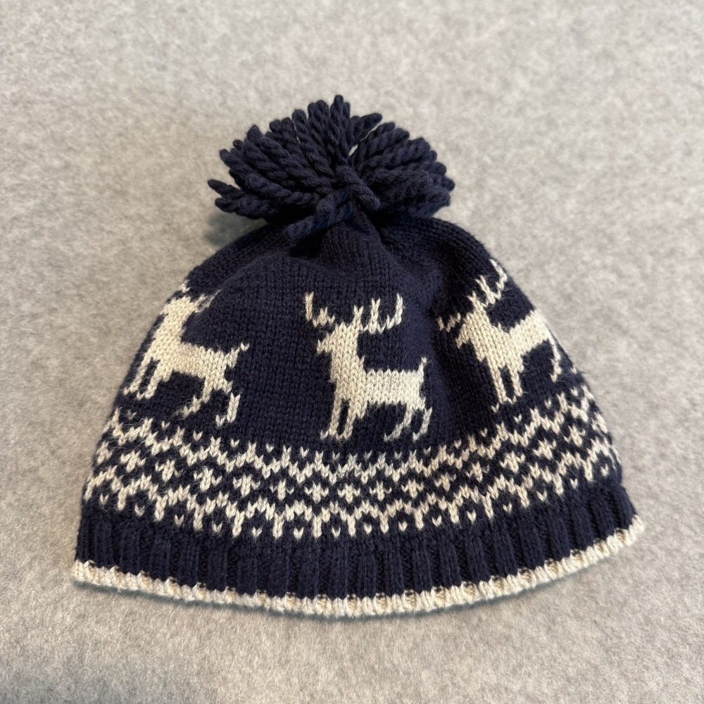 Janie and Jack Navy Blue Reindeer Knit Beanie Hat Pom Pom Holiday Baby Size 3-6M